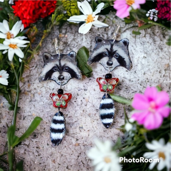 Handpainted adorable raccoon earrings w hanging tail OOAK sterling wires - Picture 1 of 1